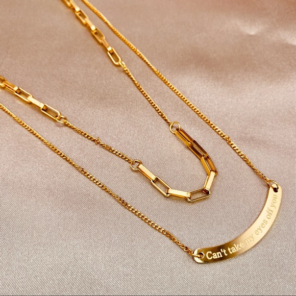 18K Gold Dainty layered necklace Curved Bar Engraved Can’t take my eyes off you. - Picture 3 of 13